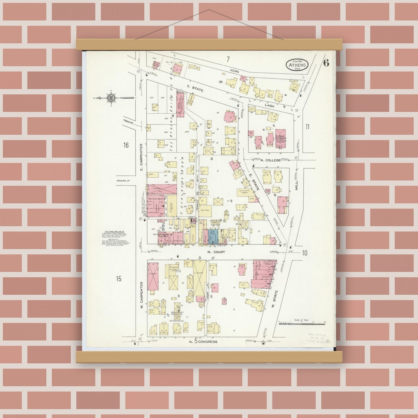 Old map wall art mockup — magnetic wood frame on brick wall — Sanborn Fire Insurance Map from Athens, Athens County, Ohio (1914), Sheet #0006