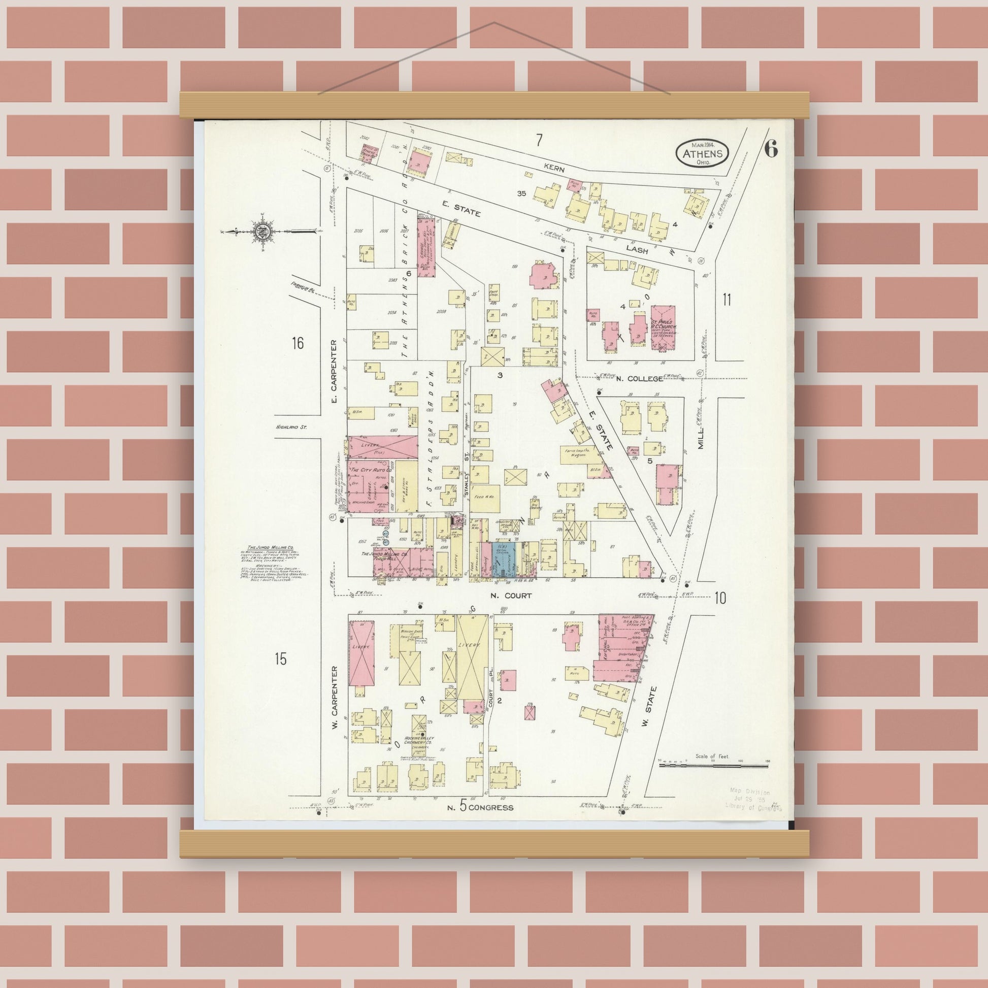 Old map wall art mockup — magnetic wood frame on brick wall — Sanborn Fire Insurance Map from Athens, Athens County, Ohio (1914), Sheet #0006