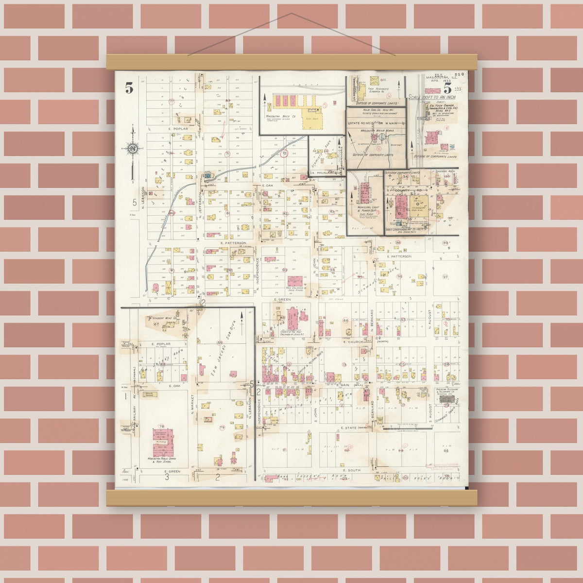 Old map wall art mockup — magnetic wood frame on brick wall — Sanborn Fire Insurance Map from Mascoutah, Saint Clair County, Illinois (1942), Sheet #0005