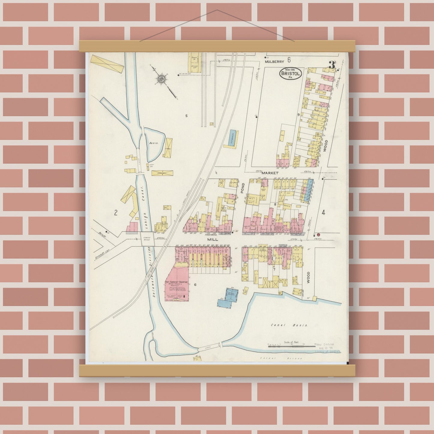 Old map wall art mockup — magnetic wood frame on brick wall — Sanborn Fire Insurance Map from Bristol, Bucks County, Pennsylvania (1915), Sheet #0003