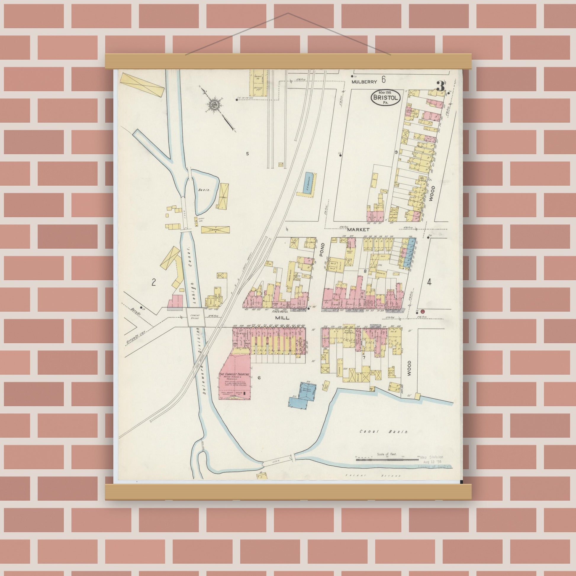 Old map wall art mockup — magnetic wood frame on brick wall — Sanborn Fire Insurance Map from Bristol, Bucks County, Pennsylvania (1915), Sheet #0003