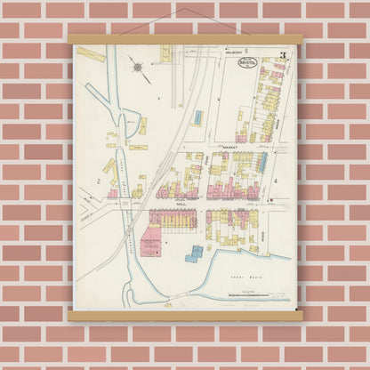 Old map wall art mockup — magnetic wood frame on brick wall — Sanborn Fire Insurance Map from Bristol, Bucks County, Pennsylvania (1915), Sheet #0003
