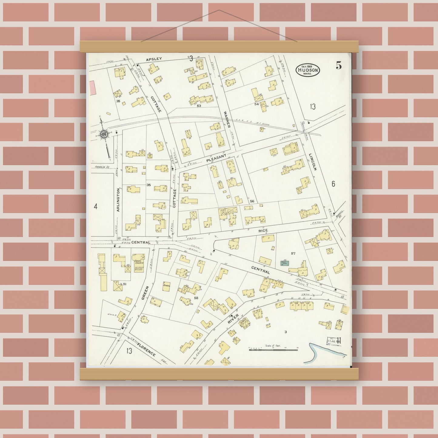 Old map wall art mockup — magnetic wood frame on brick wall — Sanborn Fire Insurance Map from Hudson, Middlesex County, Massachusetts (1909), Sheet #0005