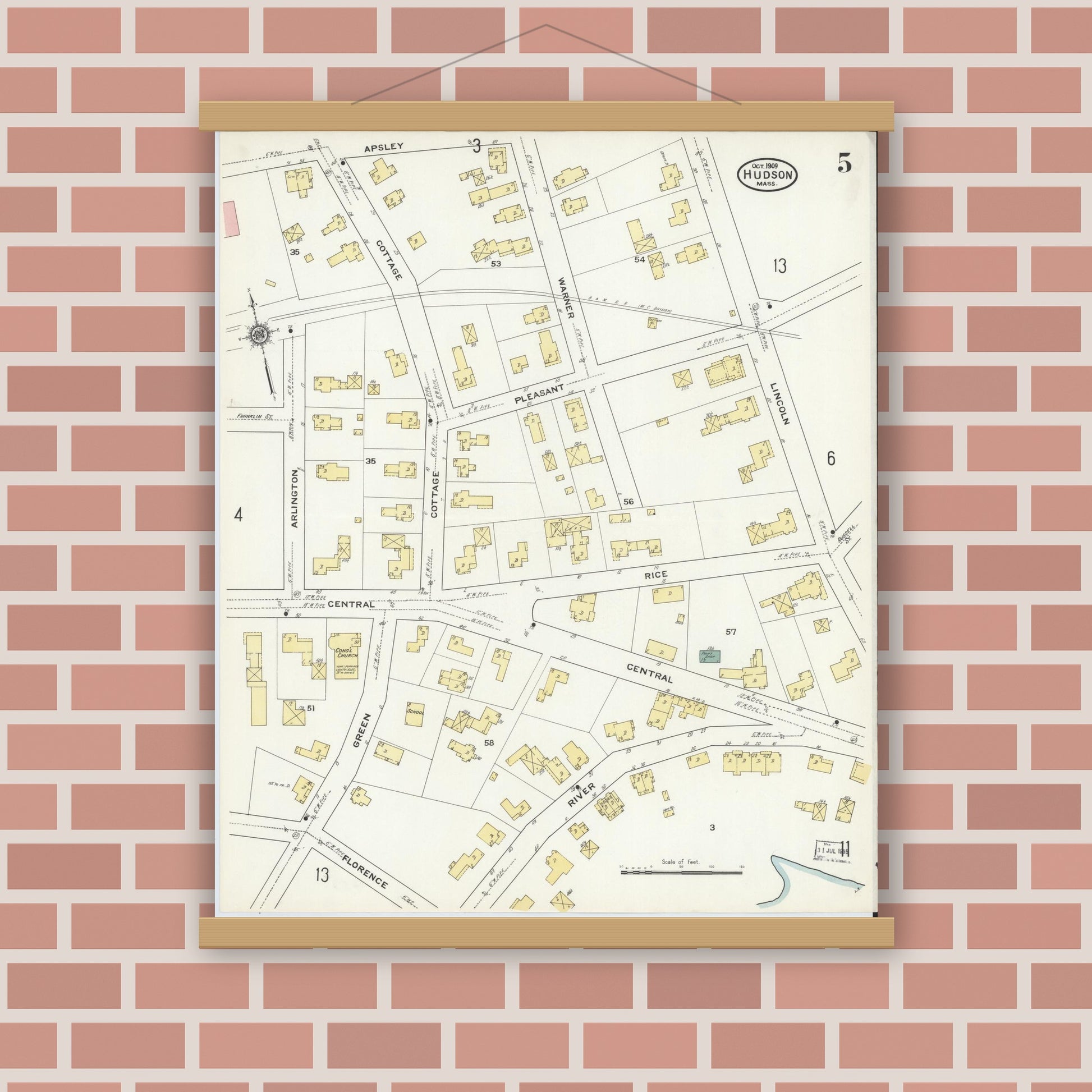 Old map wall art mockup — magnetic wood frame on brick wall — Sanborn Fire Insurance Map from Hudson, Middlesex County, Massachusetts (1909), Sheet #0005