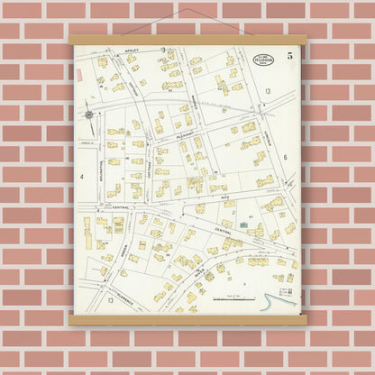 Old map wall art mockup — magnetic wood frame on brick wall — Sanborn Fire Insurance Map from Hudson, Middlesex County, Massachusetts (1909), Sheet #0005