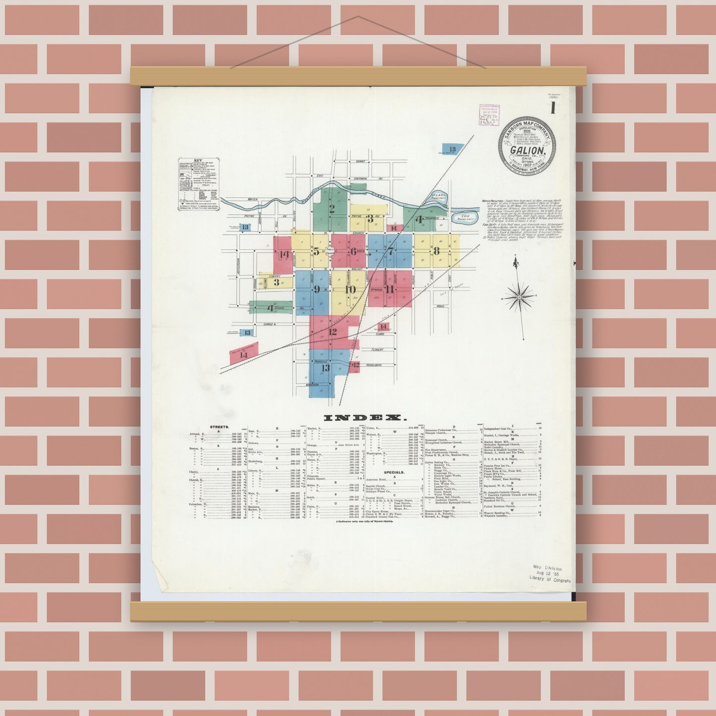 Old map wall art mockup — magnetic wood frame on brick wall — Sanborn Fire Insurance Map from Galion, Crawford County, Ohio (1907), Sheet #0001