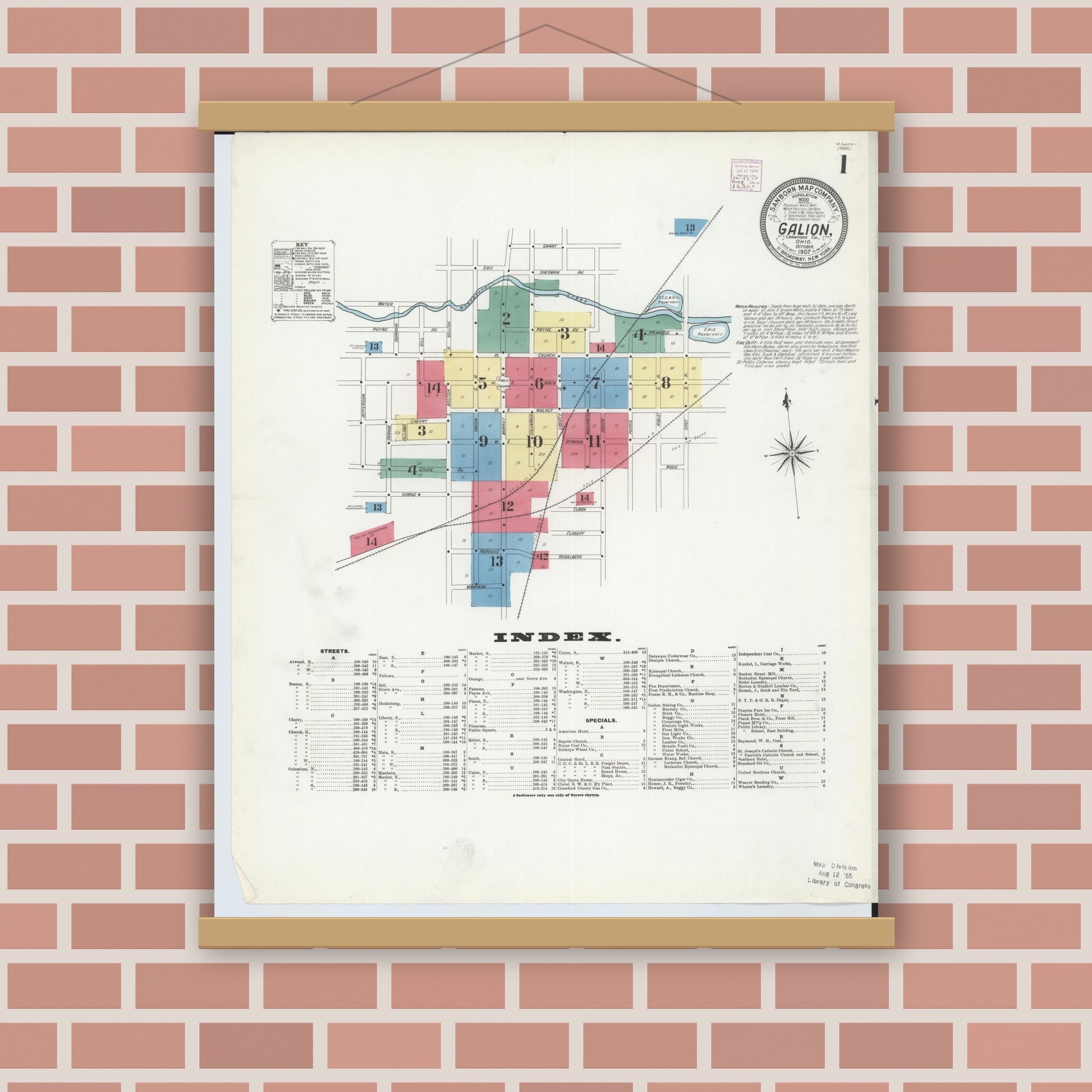 Old map wall art mockup — magnetic wood frame on brick wall — Sanborn Fire Insurance Map from Galion, Crawford County, Ohio (1907), Sheet #0001