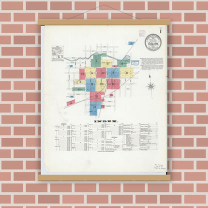 Old map wall art mockup — magnetic wood frame on brick wall — Sanborn Fire Insurance Map from Galion, Crawford County, Ohio (1907), Sheet #0001