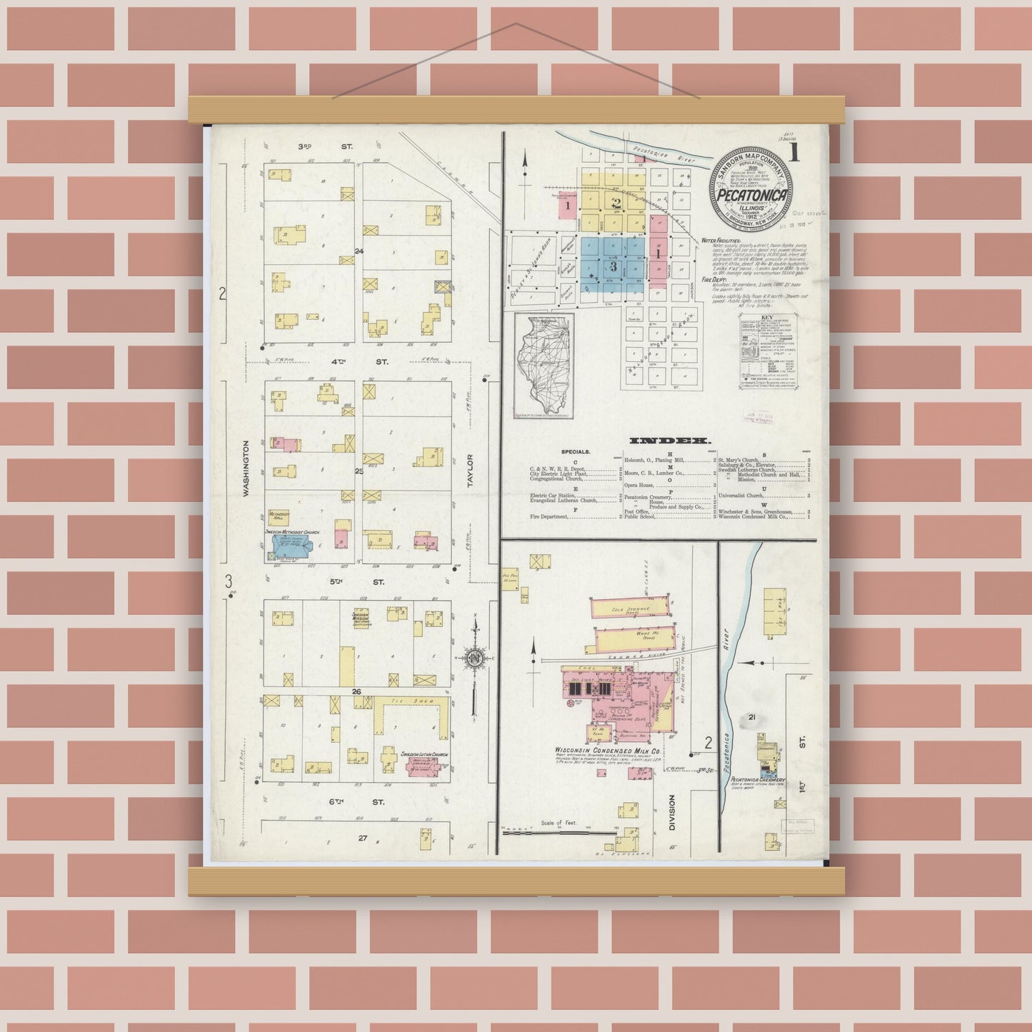 Old map wall art mockup — magnetic wood frame on brick wall — Sanborn Fire Insurance Map from Pecatonica, Winnebago County, Illinois (1912), Sheet #0001