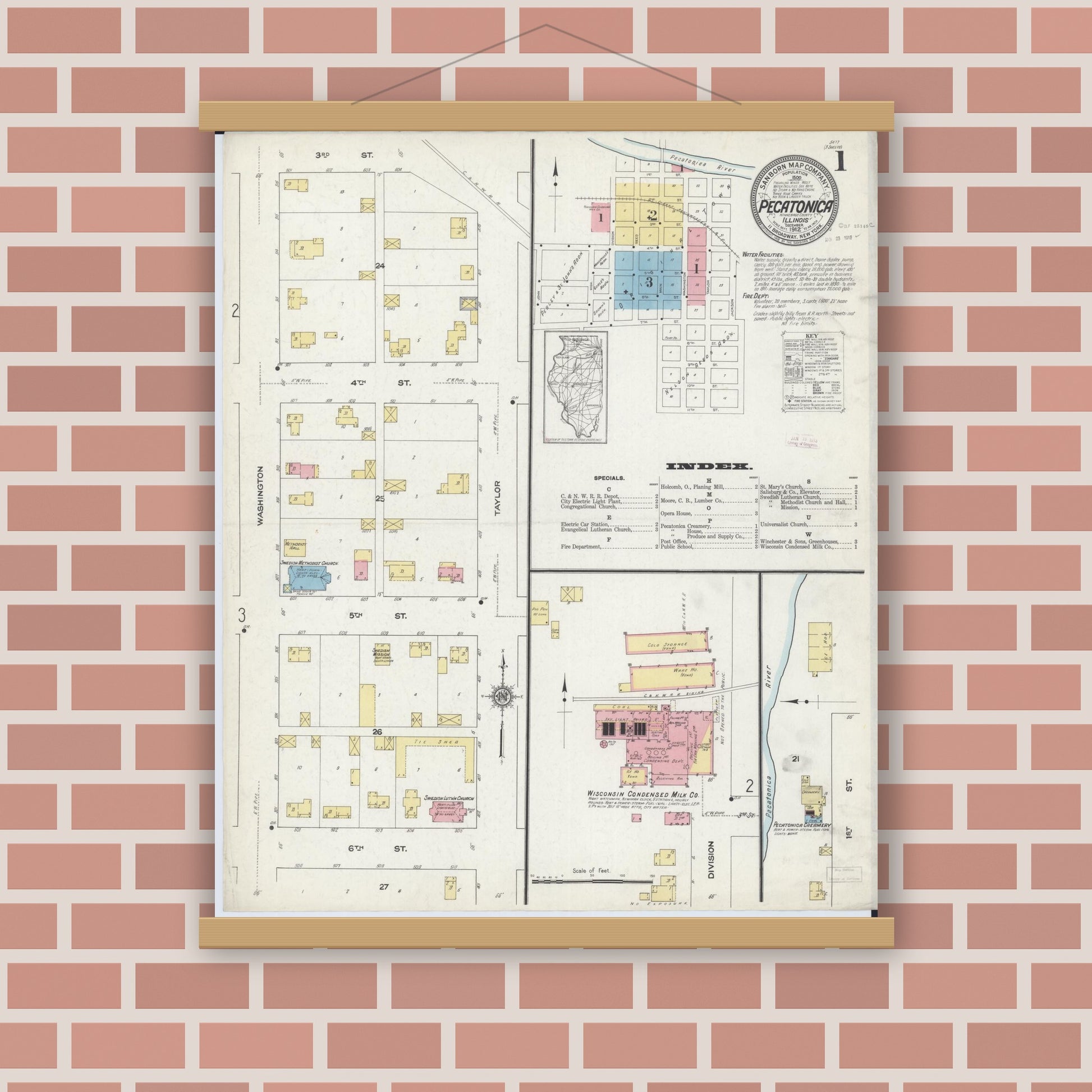 Old map wall art mockup — magnetic wood frame on brick wall — Sanborn Fire Insurance Map from Pecatonica, Winnebago County, Illinois (1912), Sheet #0001