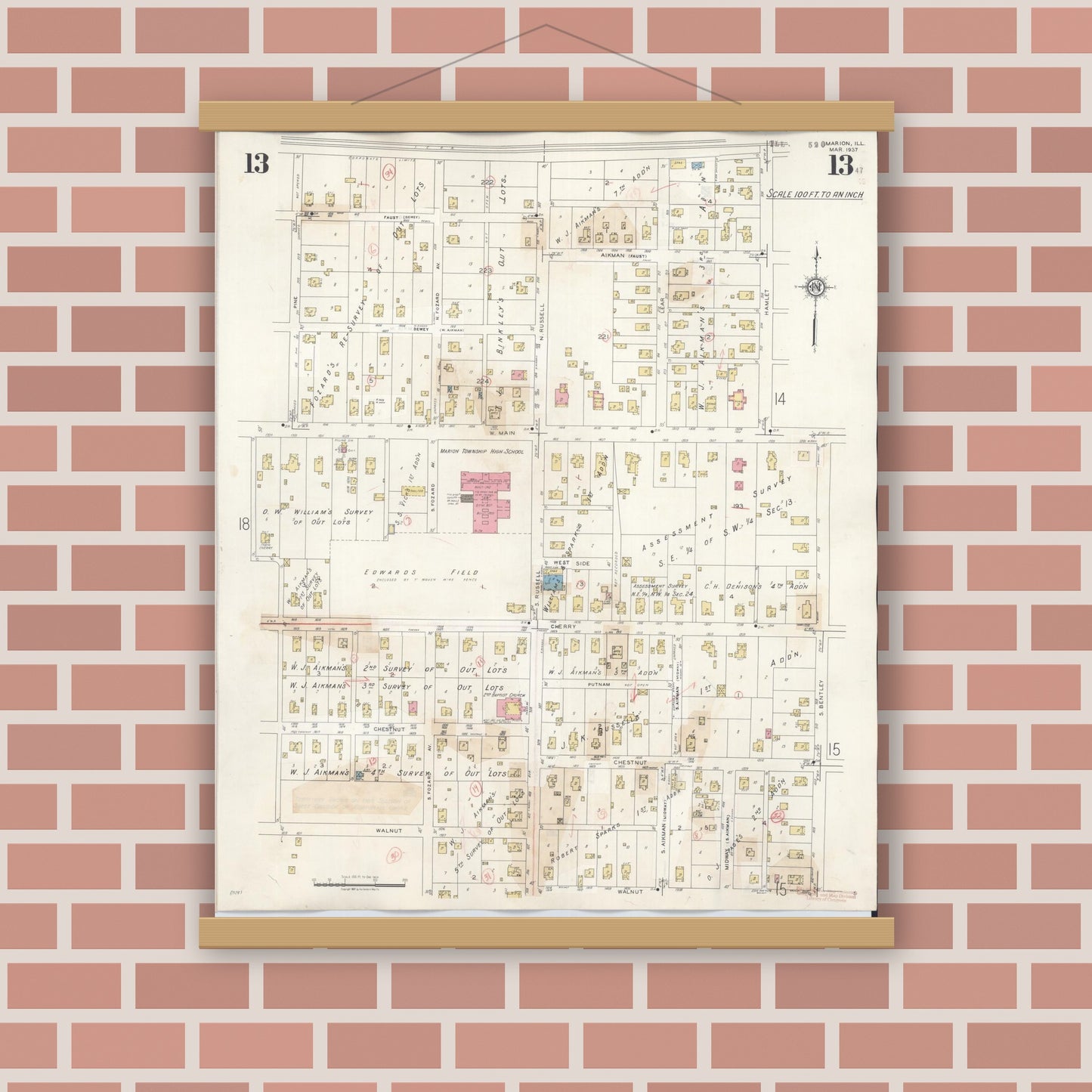 Old map wall art mockup — magnetic wood frame on brick wall — Sanborn Fire Insurance Map from Marion, Williamson County, Illinois (1946), Sheet #0013