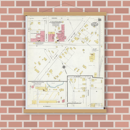 Old map wall art mockup — magnetic wood frame on brick wall — Sanborn Fire Insurance Map from Kenton, Hardin County, Ohio (1911), Sheet #0018