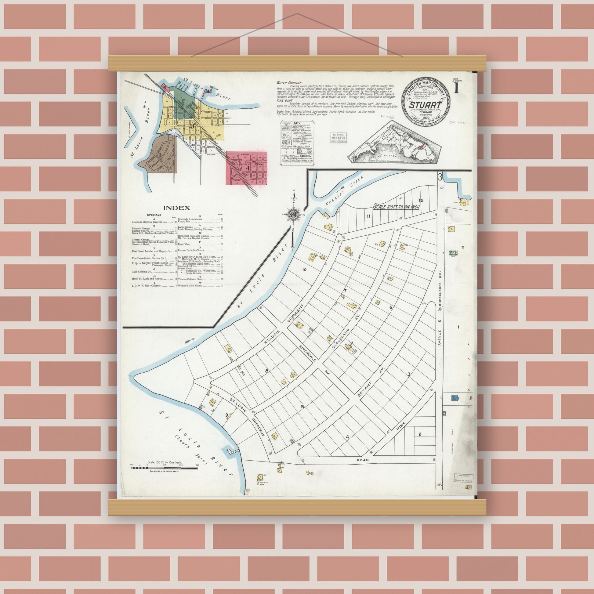 Old map wall art mockup — magnetic wood frame on brick wall — Sanborn Fire Insurance Map from Stuart, Martin County, Florida (1920) - Complete Map Set