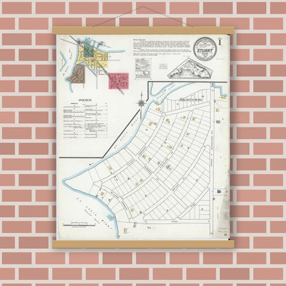 Old map wall art mockup — magnetic wood frame on brick wall — Sanborn Fire Insurance Map from Stuart, Martin County, Florida (1920) - Complete Map Set
