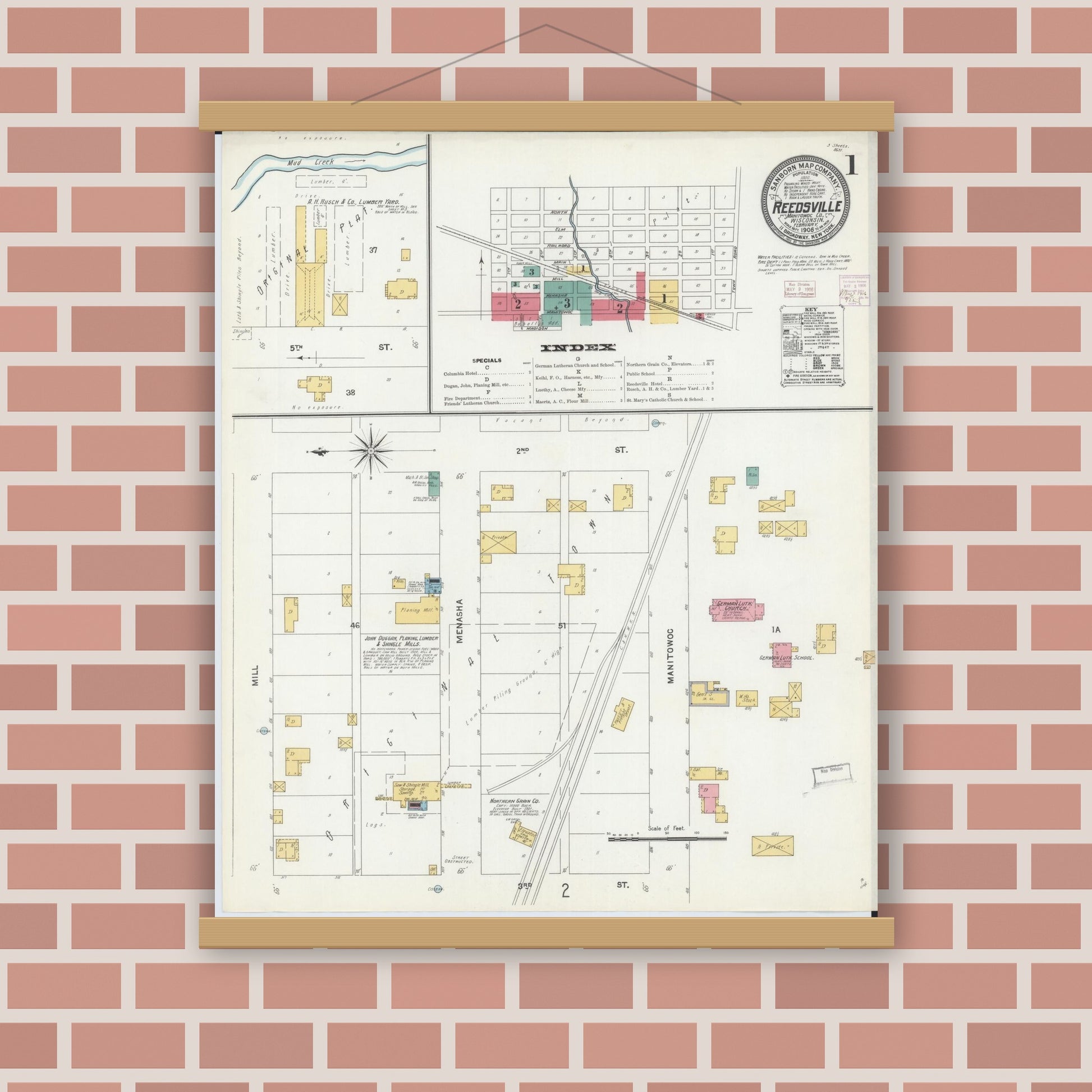 Old map wall art mockup — magnetic wood frame on brick wall — Sanborn Fire Insurance Map from Reedsville, Manitowoc County, Wisconsin (1906) - Complete Map Set