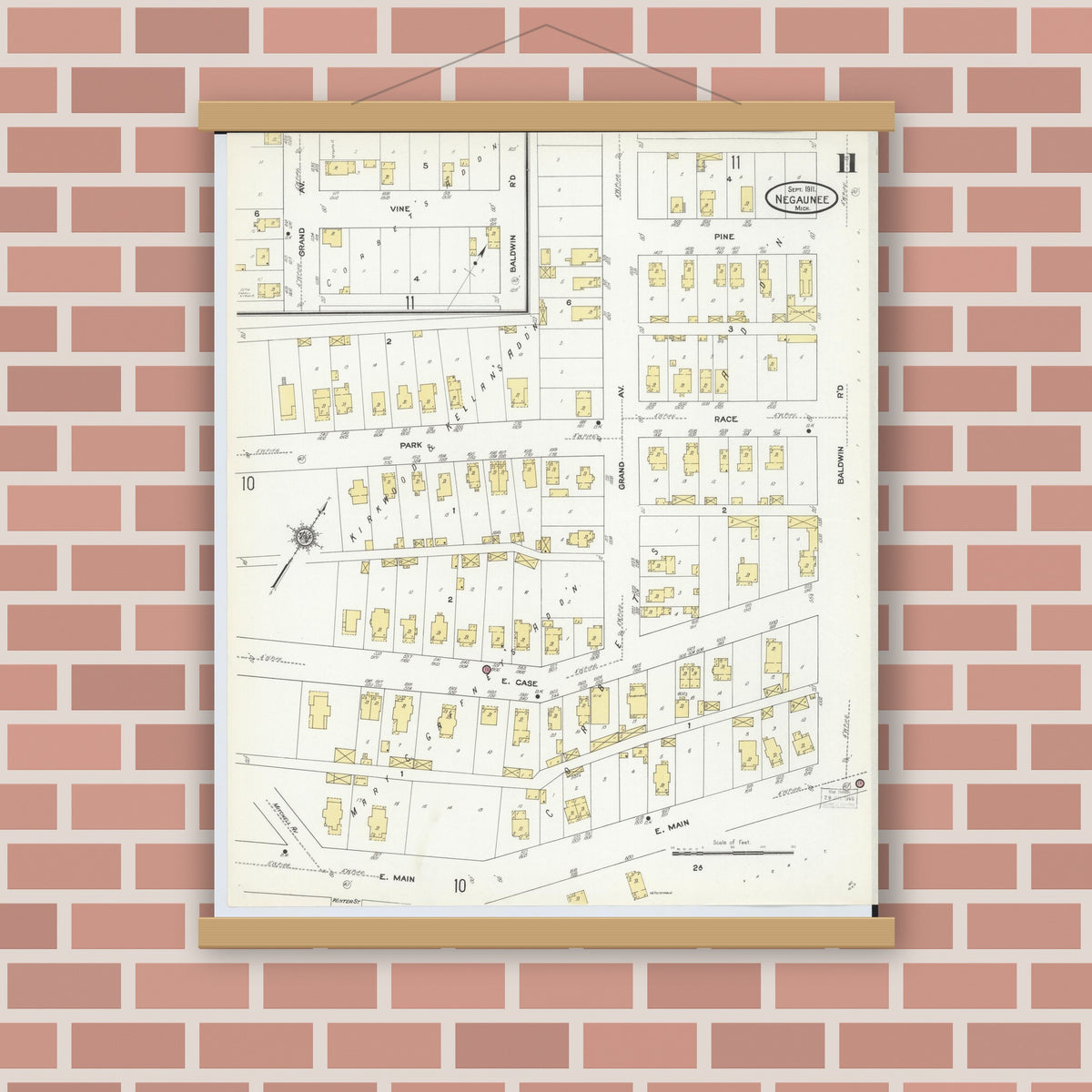 Old map wall art mockup — magnetic wood frame on brick wall — Sanborn Fire Insurance Map from Negaunee, Marquette County, Michigan (1911), Sheet #0011