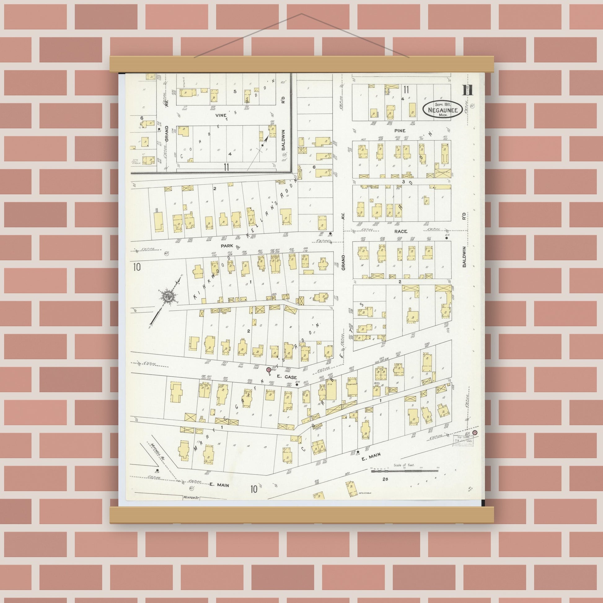 Old map wall art mockup — magnetic wood frame on brick wall — Sanborn Fire Insurance Map from Negaunee, Marquette County, Michigan (1911), Sheet #0011