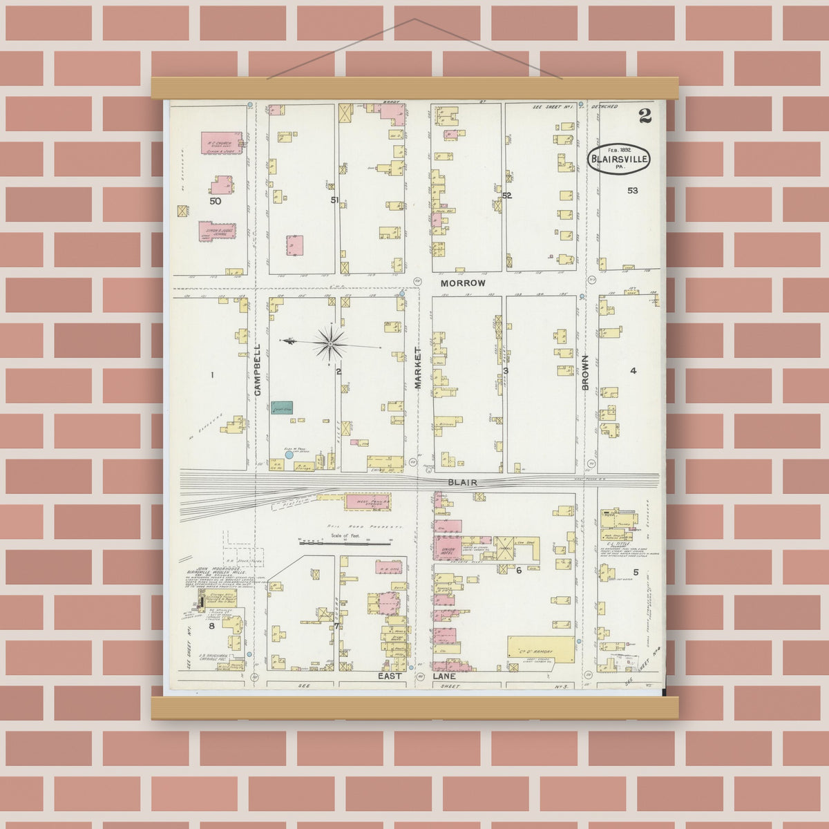 Old map wall art mockup — magnetic wood frame on brick wall — Sanborn Fire Insurance Map from Blairsville, Indiana County, Pennsylvania (1892), Sheet #0002