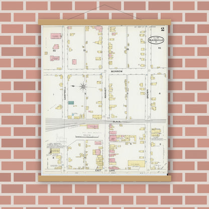 Old map wall art mockup — magnetic wood frame on brick wall — Sanborn Fire Insurance Map from Blairsville, Indiana County, Pennsylvania (1892), Sheet #0002