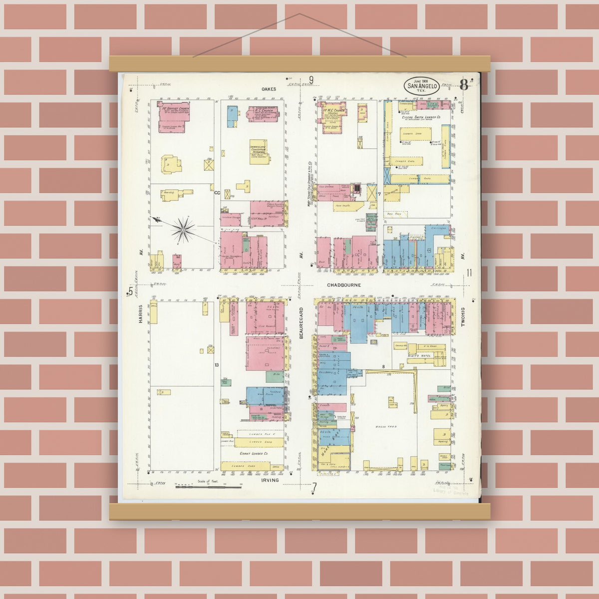 Old map wall art mockup — magnetic wood frame on brick wall — Sanborn Fire Insurance Map from San Angelo, Tom Green County, Texas (1908), Sheet #0008