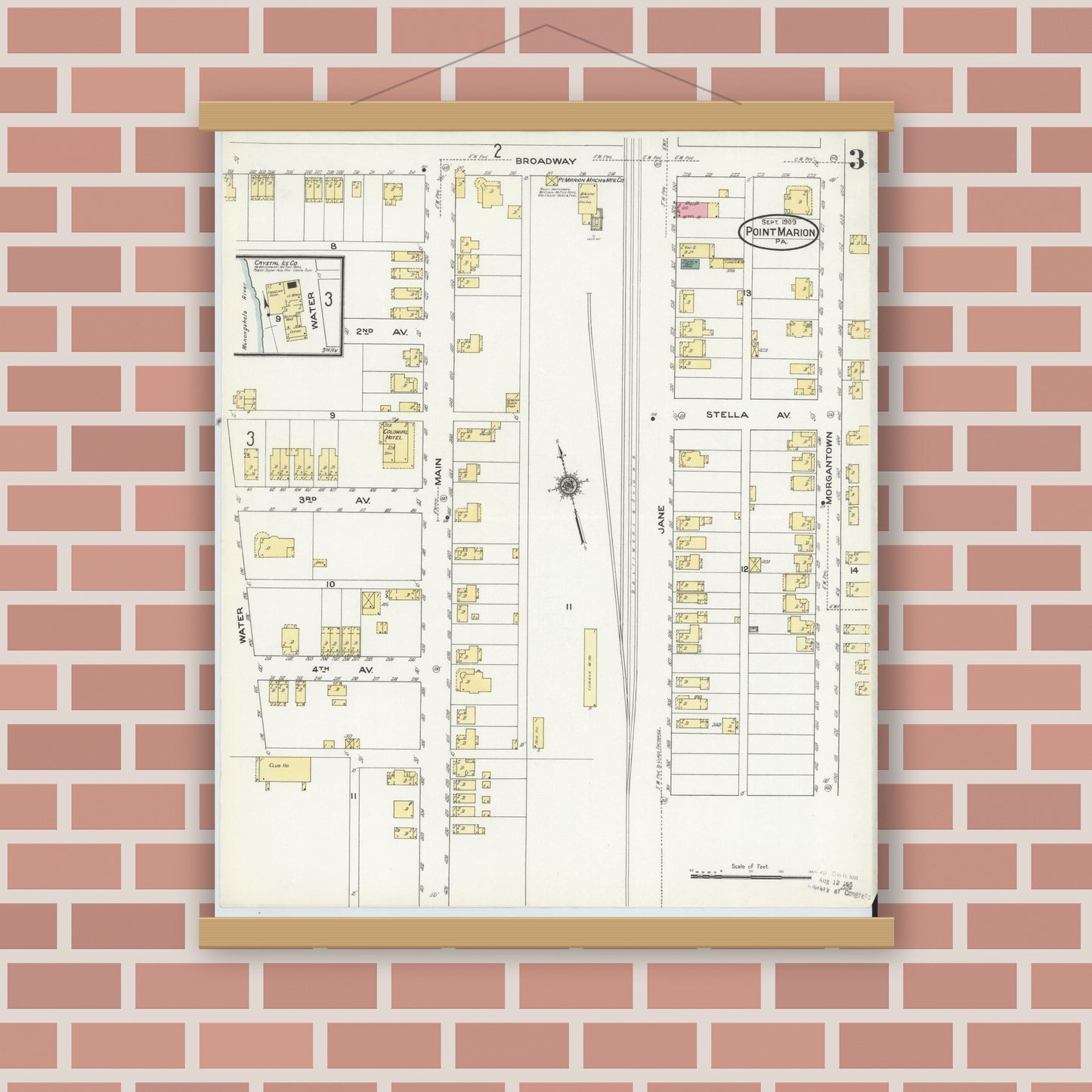 Old map wall art mockup — magnetic wood frame on brick wall — Sanborn Fire Insurance Map from Point Marion, Fayette County, Pennsylvania (1909), Sheet #0003
