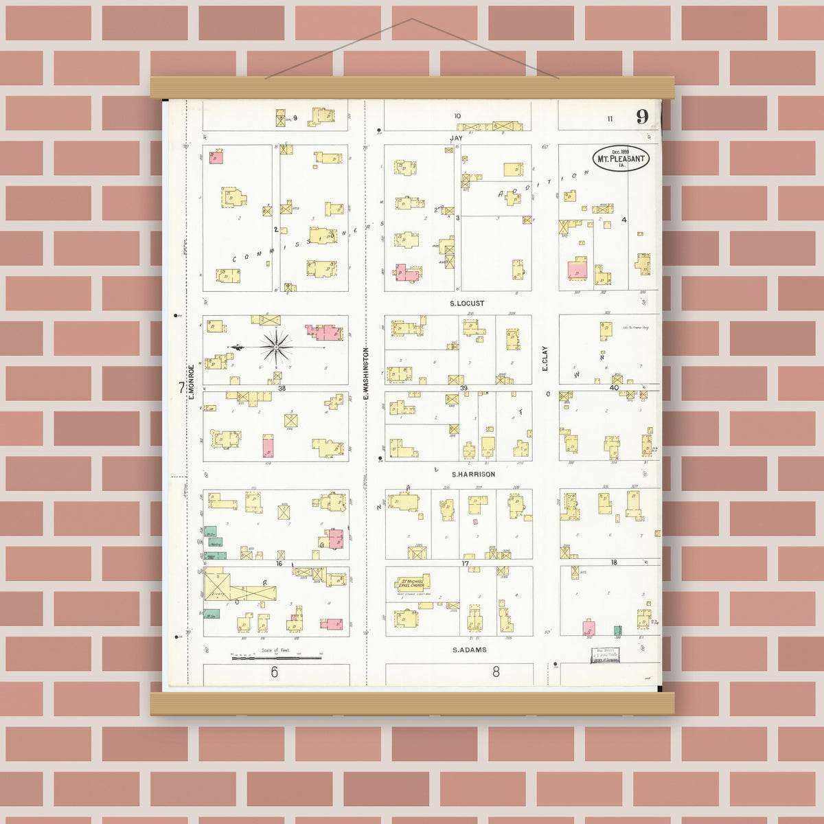 Old map wall art mockup — magnetic wood frame on brick wall — Sanborn Fire Insurance Map from Mount Pleasant, Henry County, Iowa (1899), Sheet #0009