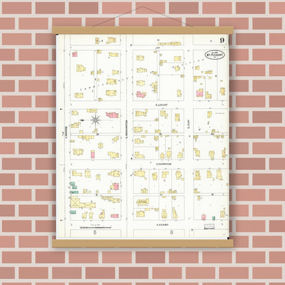Old map wall art mockup — magnetic wood frame on brick wall — Sanborn Fire Insurance Map from Mount Pleasant, Henry County, Iowa (1899), Sheet #0009