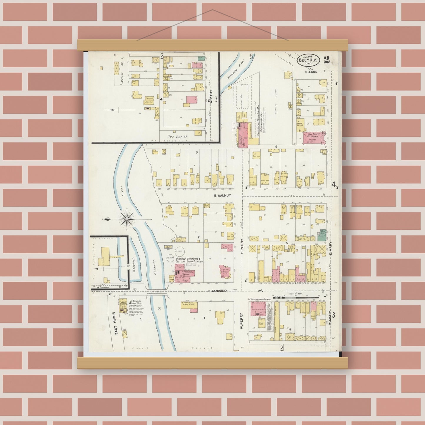 Old map wall art mockup — magnetic wood frame on brick wall — Sanborn Fire Insurance Map from Bucyrus, Crawford County, Ohio (1903), Sheet #0002