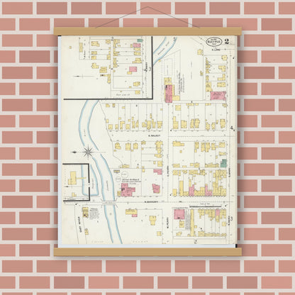 Old map wall art mockup — magnetic wood frame on brick wall — Sanborn Fire Insurance Map from Bucyrus, Crawford County, Ohio (1903), Sheet #0002
