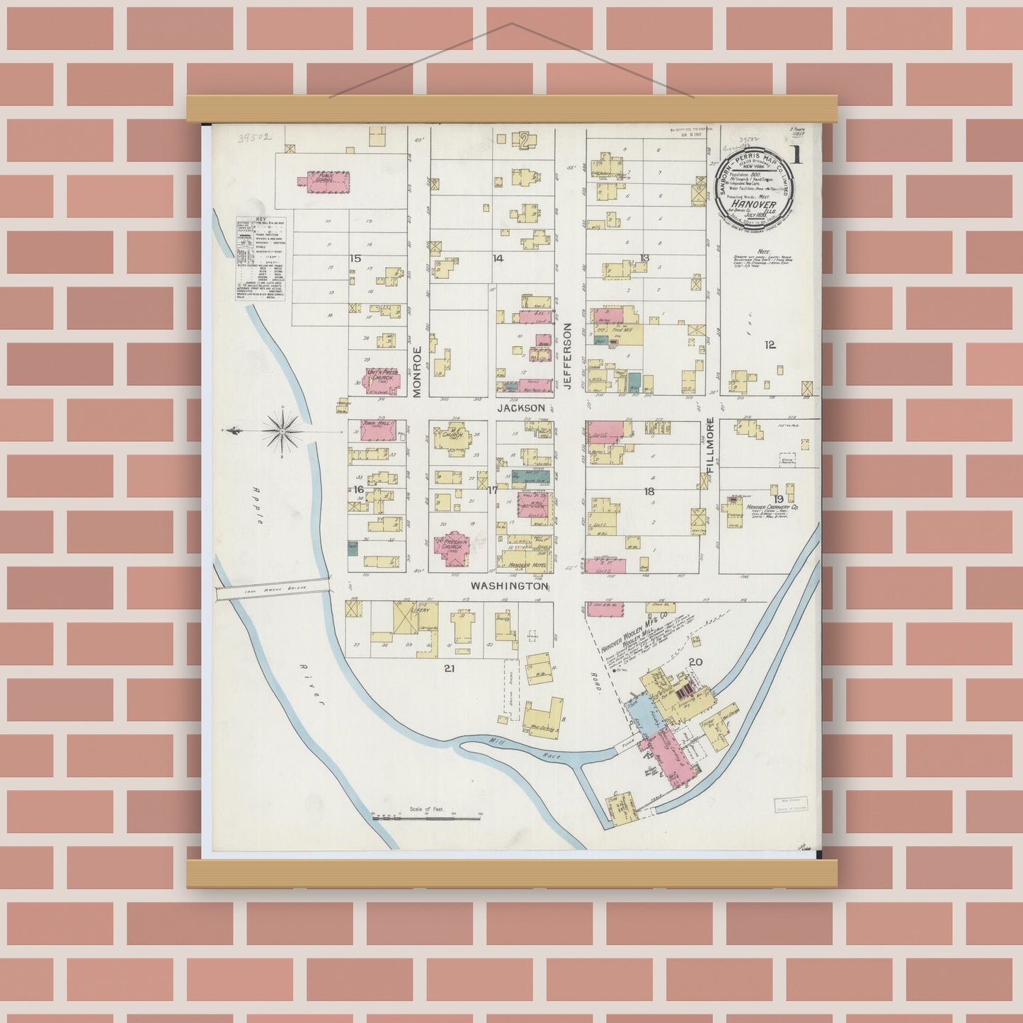 Old map wall art mockup — magnetic wood frame on brick wall — Sanborn Fire Insurance Map from Hanover, Jo Daviess County, Illinois (1893) - Complete Map Set