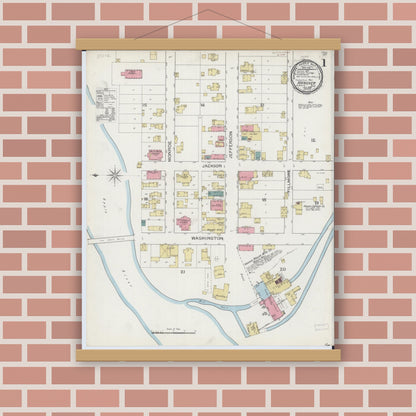 Old map wall art mockup — magnetic wood frame on brick wall — Sanborn Fire Insurance Map from Hanover, Jo Daviess County, Illinois (1893) - Complete Map Set