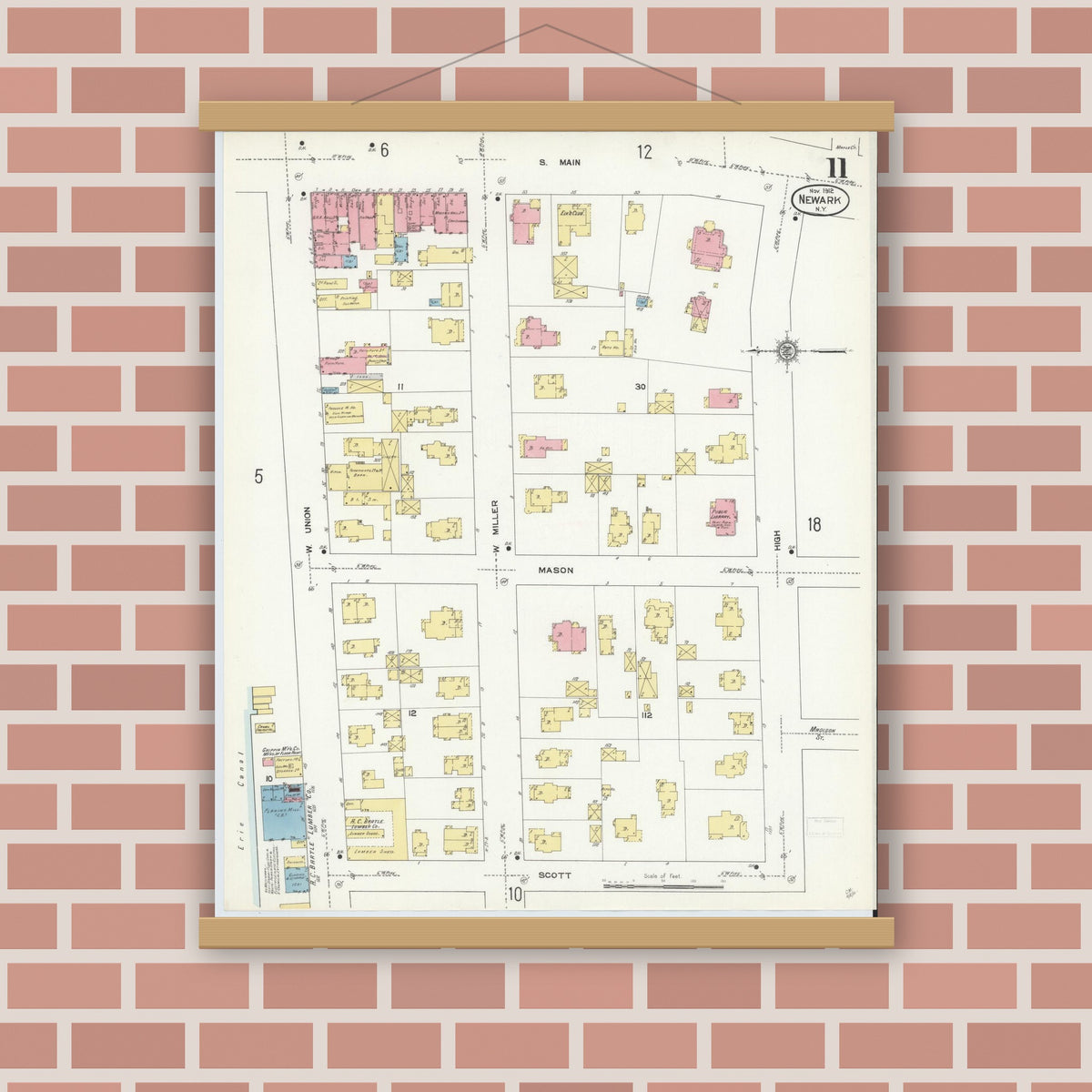 Old map wall art mockup — magnetic wood frame on brick wall — Sanborn Fire Insurance Map from Newark, Wayne County, New York (1912), Sheet #0011