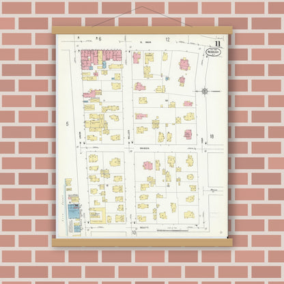 Old map wall art mockup — magnetic wood frame on brick wall — Sanborn Fire Insurance Map from Newark, Wayne County, New York (1912), Sheet #0011