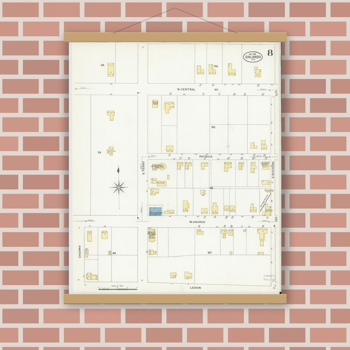 Old map wall art mockup — magnetic wood frame on brick wall — Sanborn Fire Insurance Map from Orlando, Orange County, Florida (1908), Sheet #0008