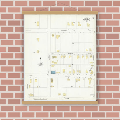 Old map wall art mockup — magnetic wood frame on brick wall — Sanborn Fire Insurance Map from Orlando, Orange County, Florida (1908), Sheet #0008