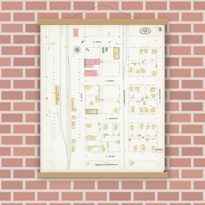 Old map wall art mockup — magnetic wood frame on brick wall — Sanborn Fire Insurance Map from Ennis, Ellis County, Texas (1909), Sheet #0005