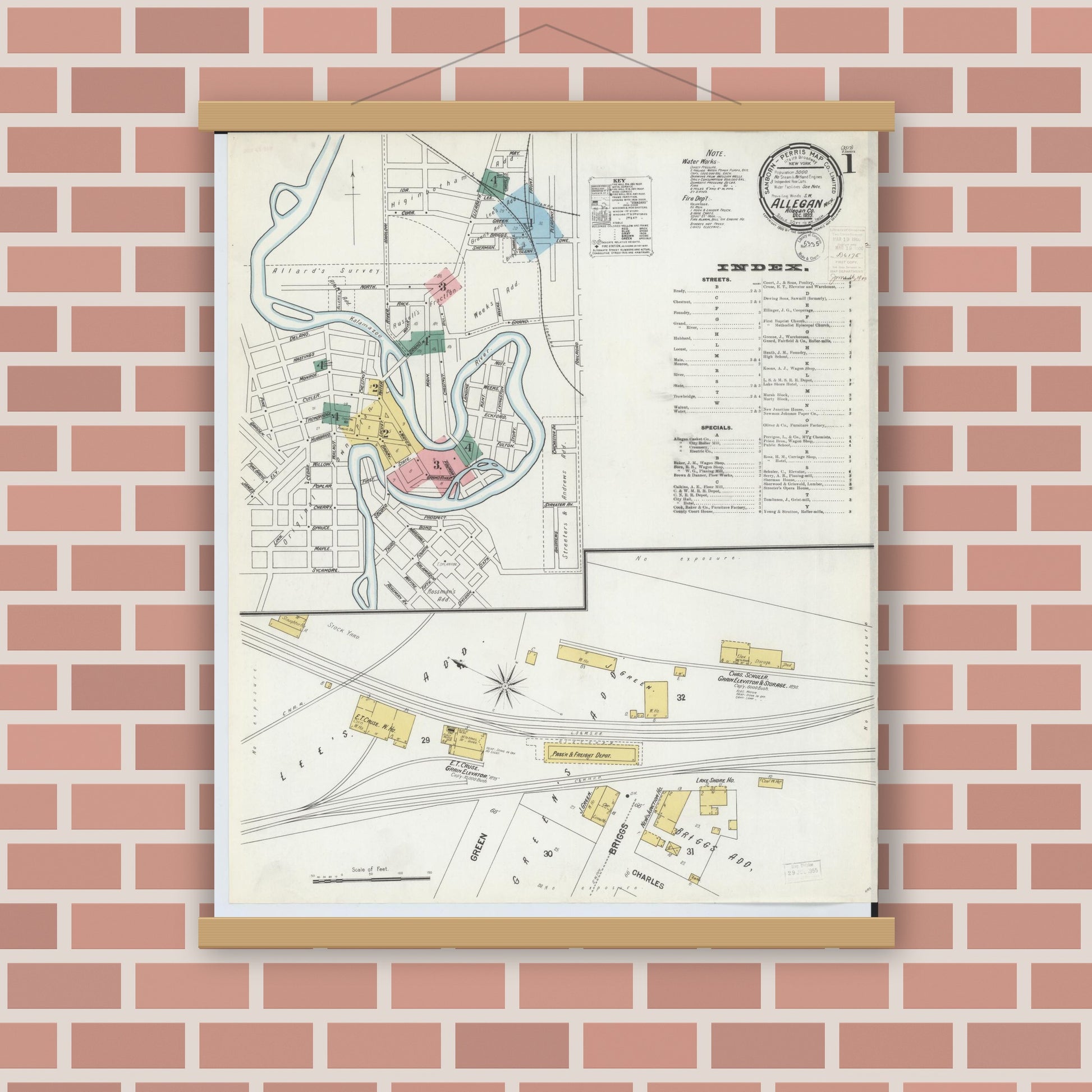 Old map wall art mockup — magnetic wood frame on brick wall — Sanborn Fire Insurance Map from Allegan, Allegan County, Michigan (1899) - Complete Map Set