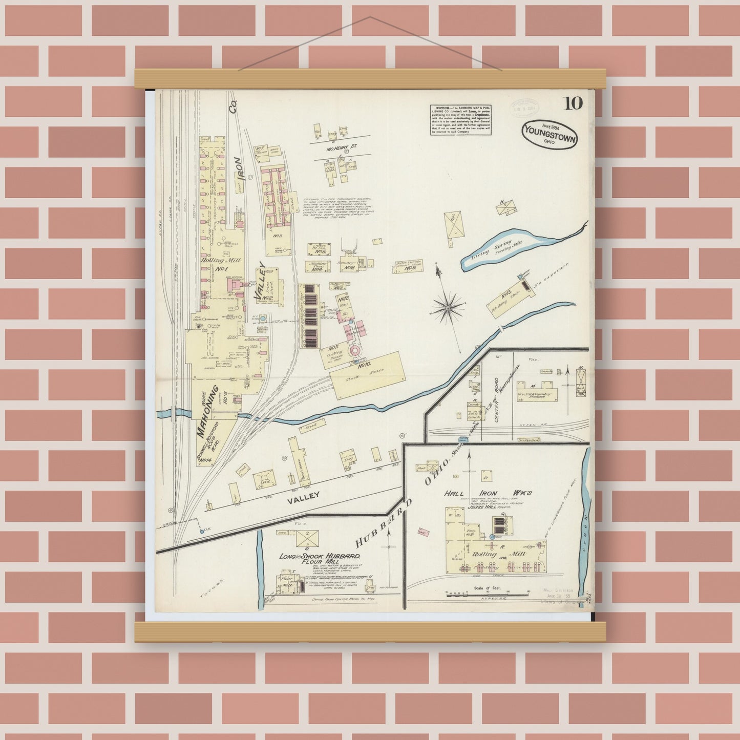 Old map wall art mockup — magnetic wood frame on brick wall — Sanborn Fire Insurance Map from Youngstown, Mahoning County, Ohio (1884), Sheet #0010