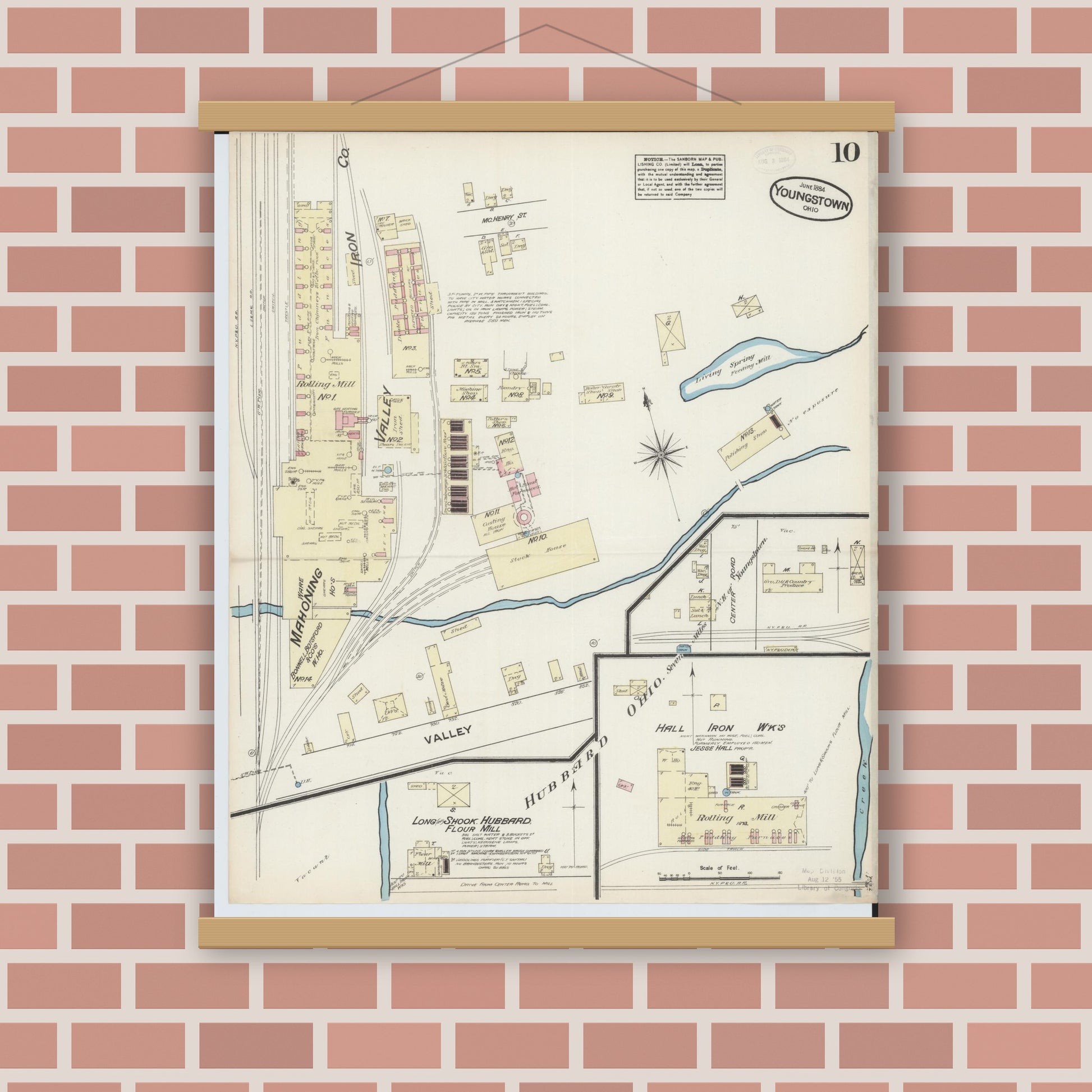 Old map wall art mockup — magnetic wood frame on brick wall — Sanborn Fire Insurance Map from Youngstown, Mahoning County, Ohio (1884), Sheet #0010