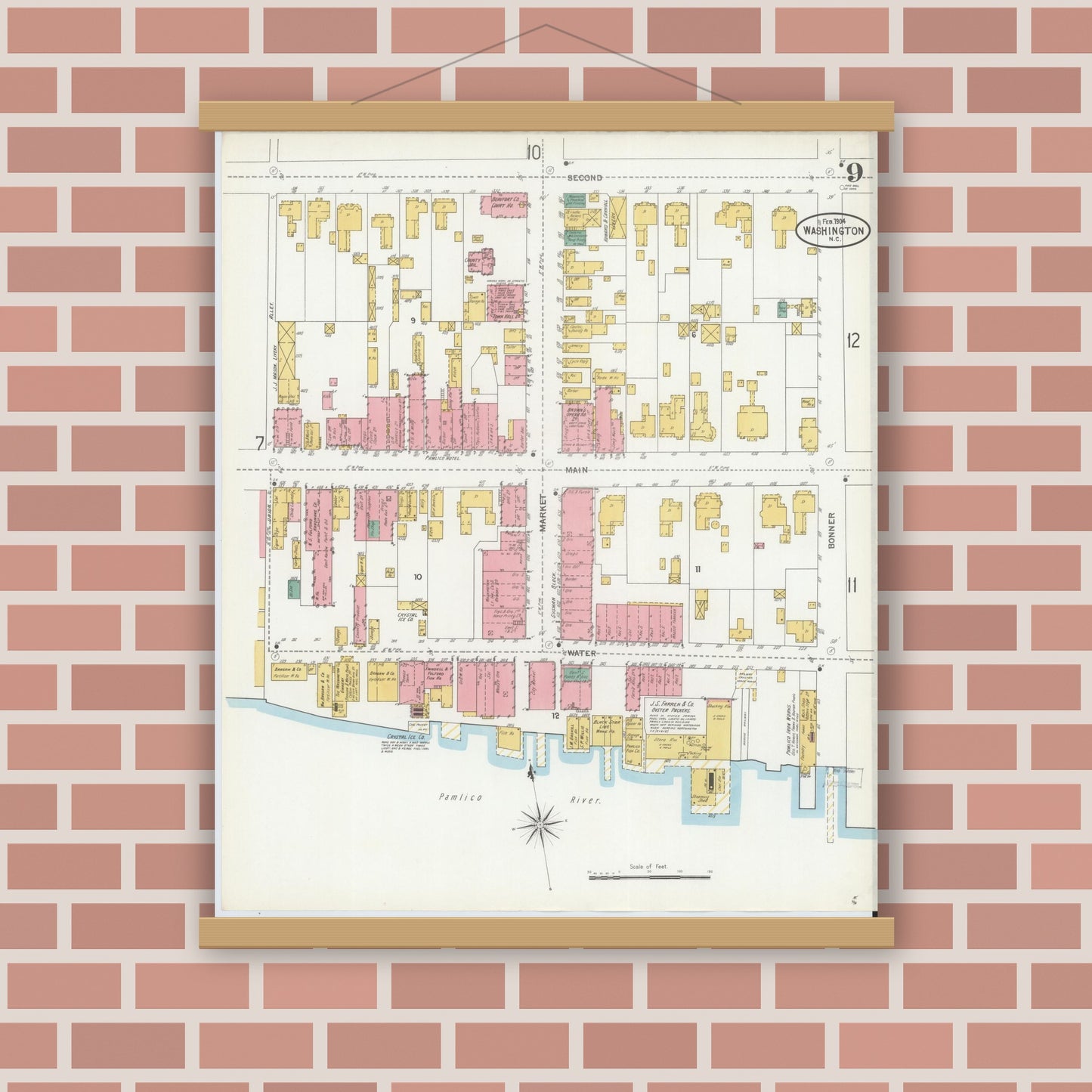 Old map wall art mockup — magnetic wood frame on brick wall — Sanborn Fire Insurance Map from Washington, Beaufort County, North Carolina (1904), Sheet #0009