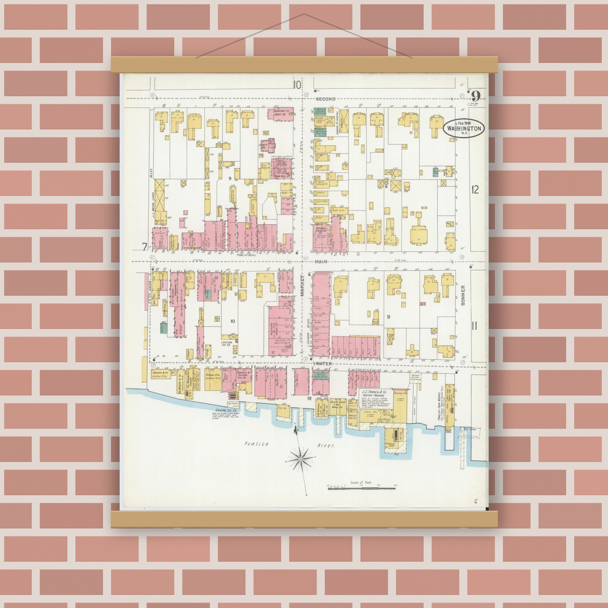Old map wall art mockup — magnetic wood frame on brick wall — Sanborn Fire Insurance Map from Washington, Beaufort County, North Carolina (1904), Sheet #0009