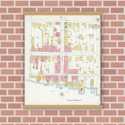 Old map wall art mockup — magnetic wood frame on brick wall — Sanborn Fire Insurance Map from Washington, Beaufort County, North Carolina (1904), Sheet #0009