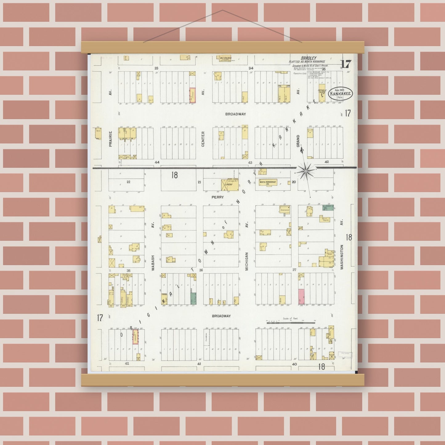 Old map wall art mockup — magnetic wood frame on brick wall — Sanborn Fire Insurance Map from Kankakee, Kankakee County, Illinois (1901), Sheet #0017