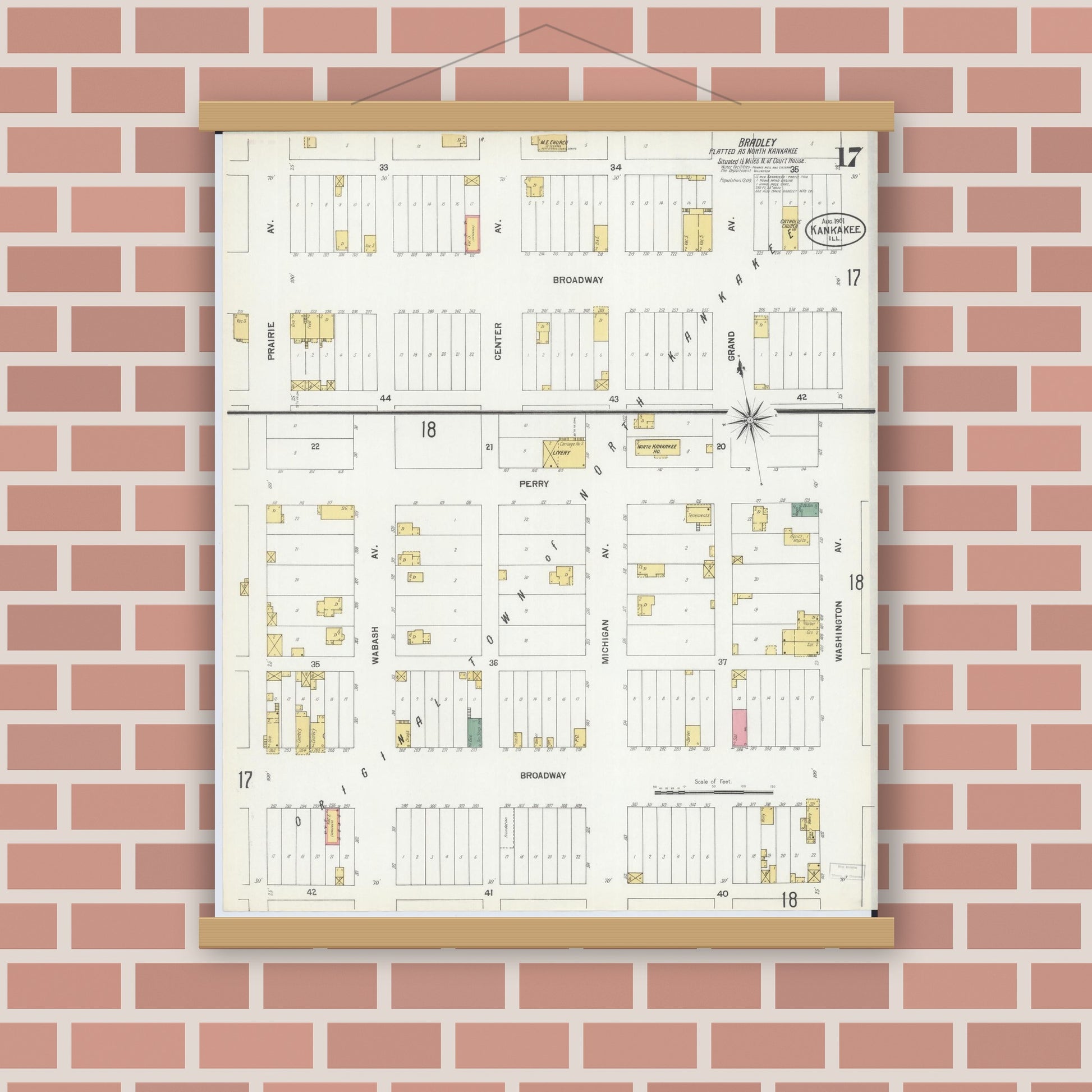 Old map wall art mockup — magnetic wood frame on brick wall — Sanborn Fire Insurance Map from Kankakee, Kankakee County, Illinois (1901), Sheet #0017