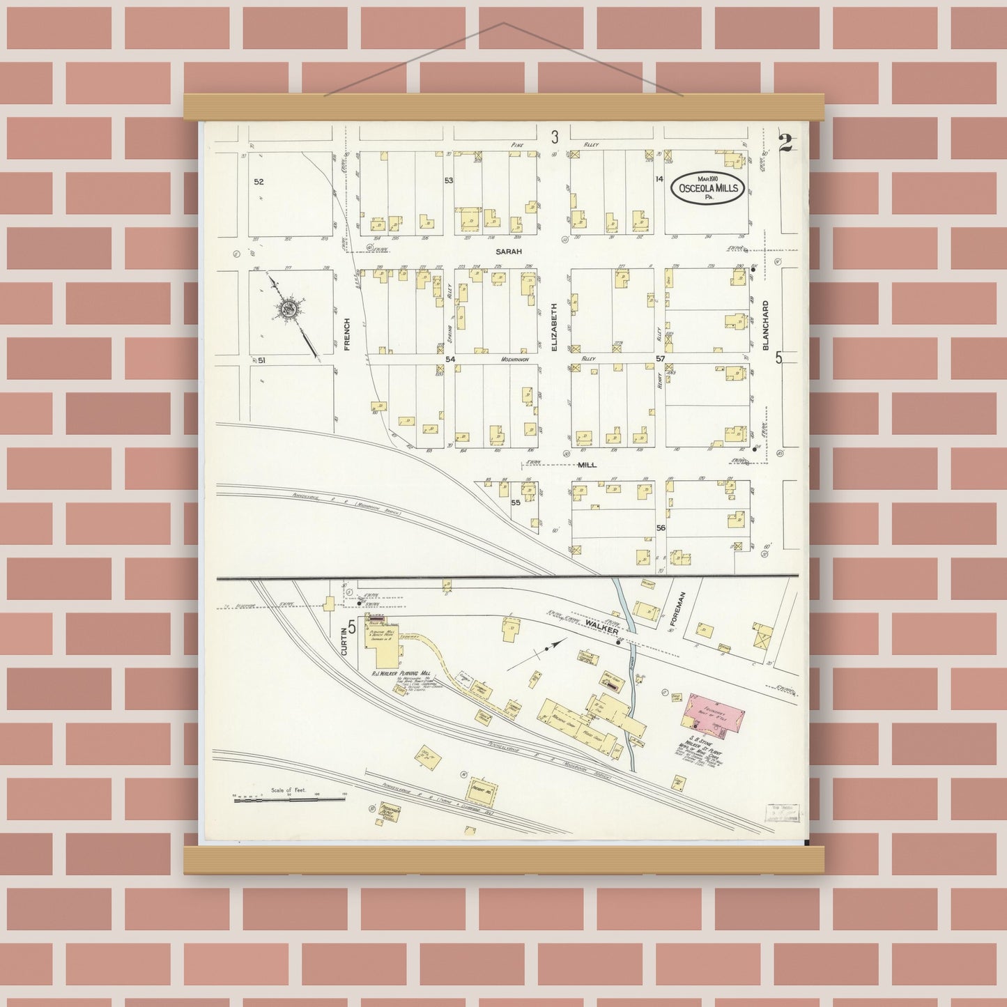 Old map wall art mockup — magnetic wood frame on brick wall — Sanborn Fire Insurance Map from Osceola Mills, Clearfield County, Pennsylvania (1910), Sheet #0002