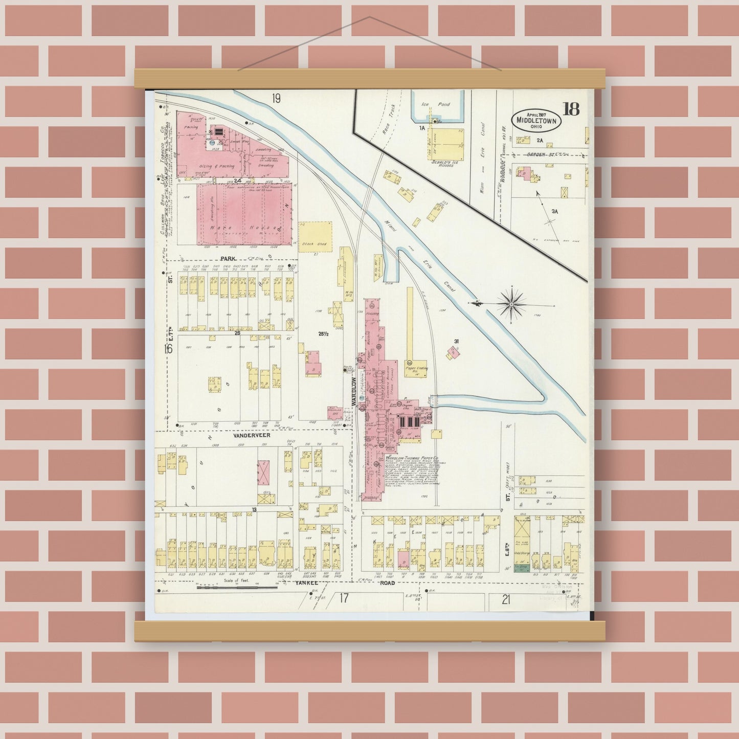 Old map wall art mockup — magnetic wood frame on brick wall — Sanborn Fire Insurance Map from Middletown, Butler County, Ohio (1907), Sheet #0018