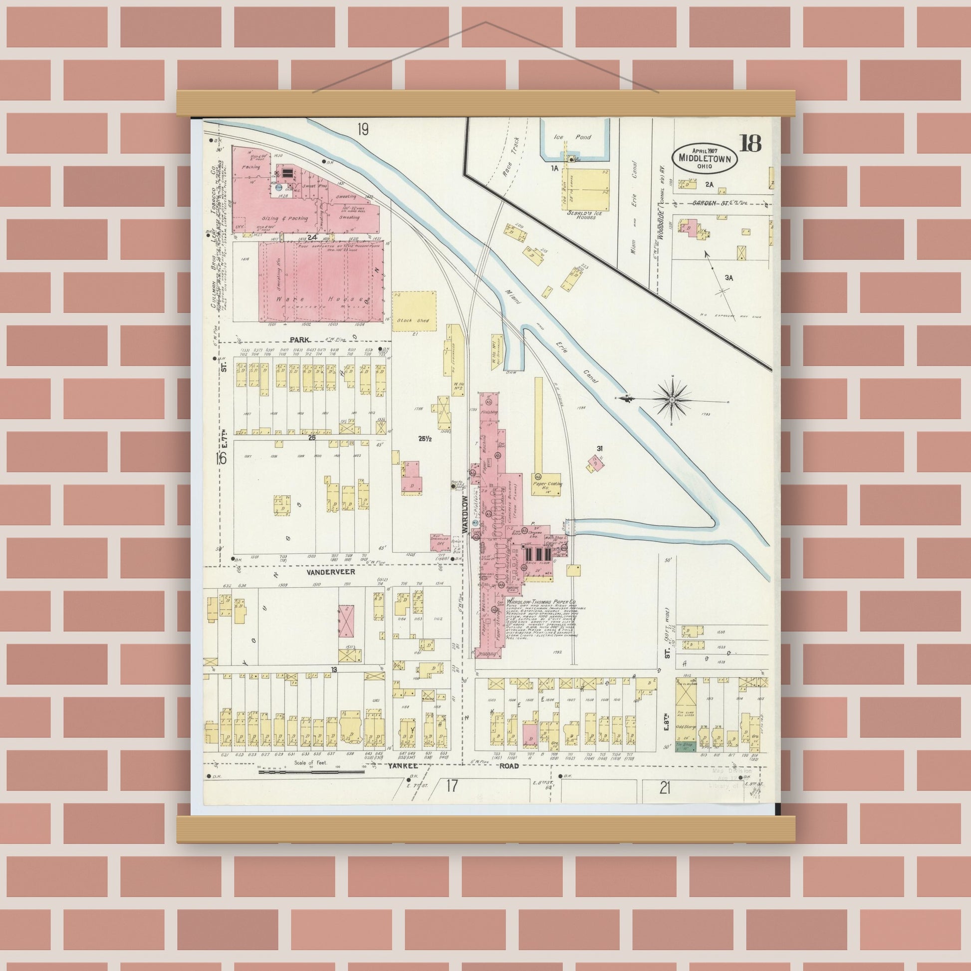 Old map wall art mockup — magnetic wood frame on brick wall — Sanborn Fire Insurance Map from Middletown, Butler County, Ohio (1907), Sheet #0018