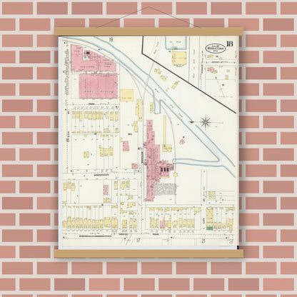 Old map wall art mockup — magnetic wood frame on brick wall — Sanborn Fire Insurance Map from Middletown, Butler County, Ohio (1907), Sheet #0018