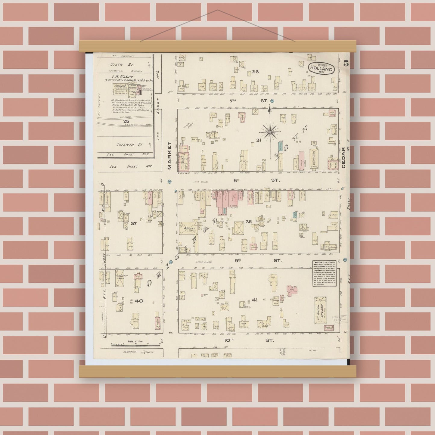 Old map wall art mockup — magnetic wood frame on brick wall — Sanborn Fire Insurance Map from Holland, Ottawa County, Michigan (1883), Sheet #0005