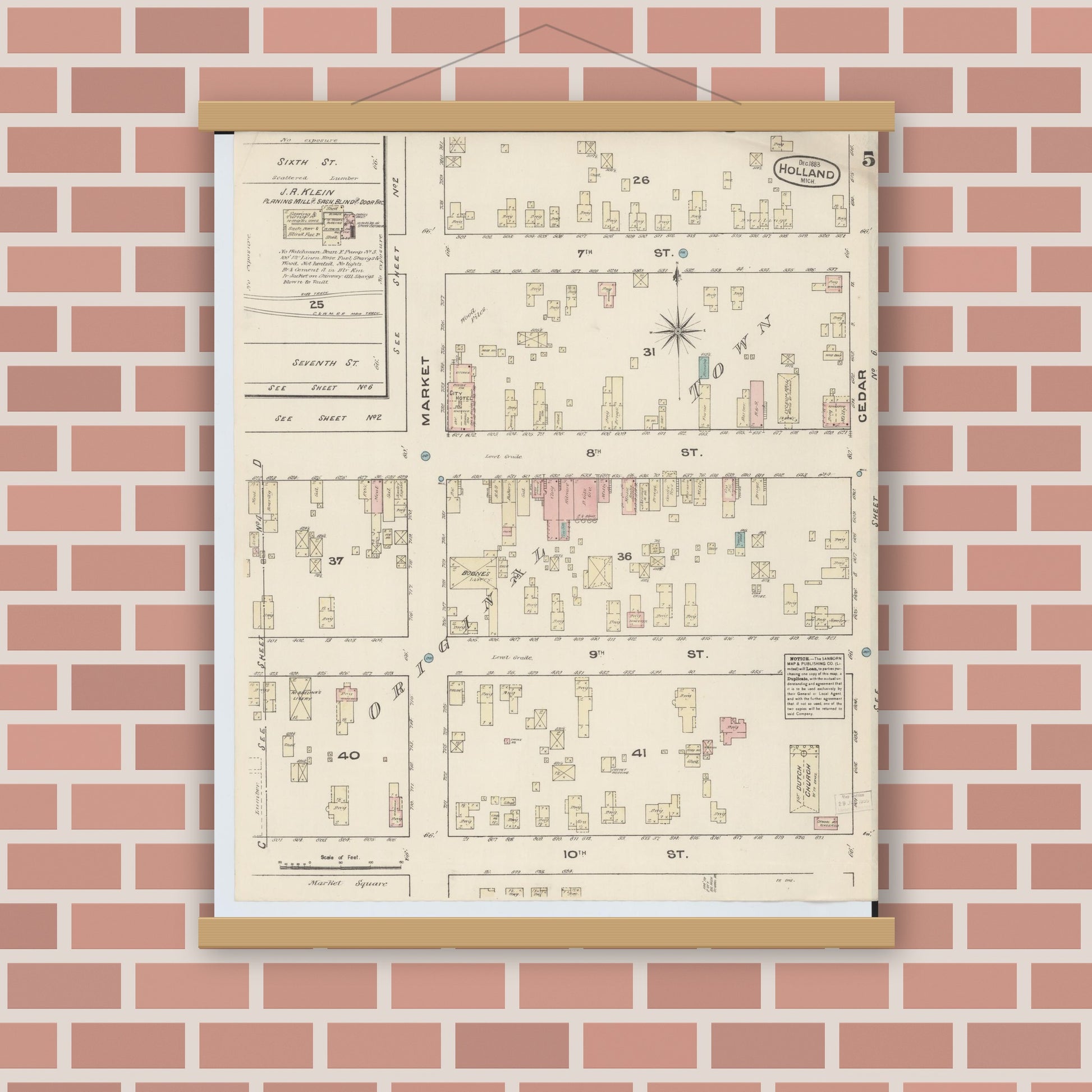 Old map wall art mockup — magnetic wood frame on brick wall — Sanborn Fire Insurance Map from Holland, Ottawa County, Michigan (1883), Sheet #0005